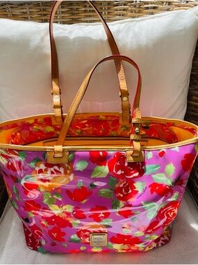 Dooney & Bourke Pink Floral Patent Tote with Tan Leather Handles